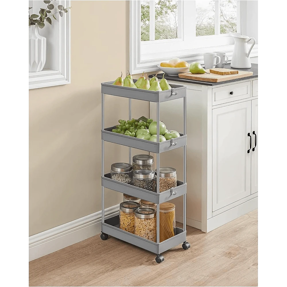 JOESTAR 4-Tier Storage Trolley On Wheels, Plastic Storage Unit, Space-Saving Shelving Organiser For Small Spaces, Bathroom Kitchen, 40 X 22 X 88 Cm, Grey - Grey - View 1