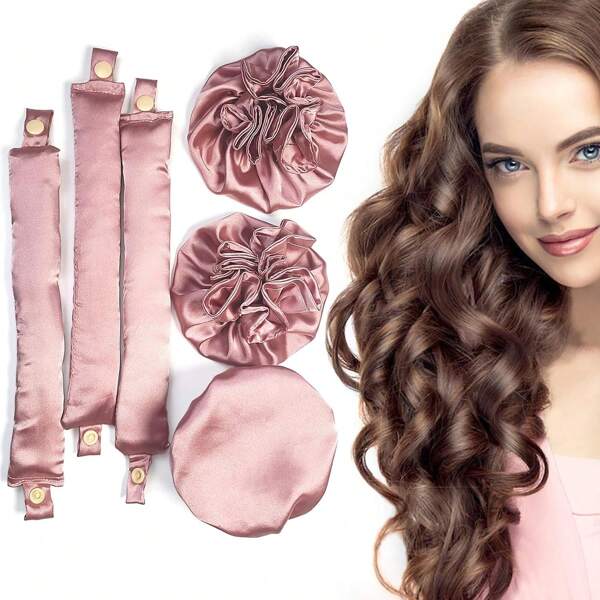 Satin Heatless Hair Curler 3Sets/6PCS, Pillow Soft Rollers With Hair Caps, Soft Heatless Curling Rod Headband For All Hair Types, No Heat Curlers To Sleep In (3Sets-Pink) Pink Accessories