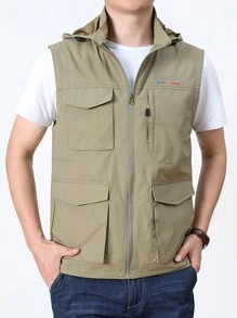 Men's Multi-Pocket Casual Quick-Drying Thin Hooded Outdoor Vest Jacket - Khaki - View 1