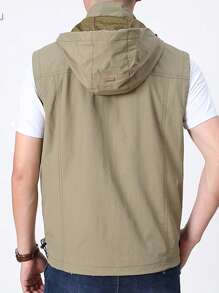 Men's Multi-Pocket Casual Quick-Drying Thin Hooded Outdoor Vest Jacket - Khaki - View 2