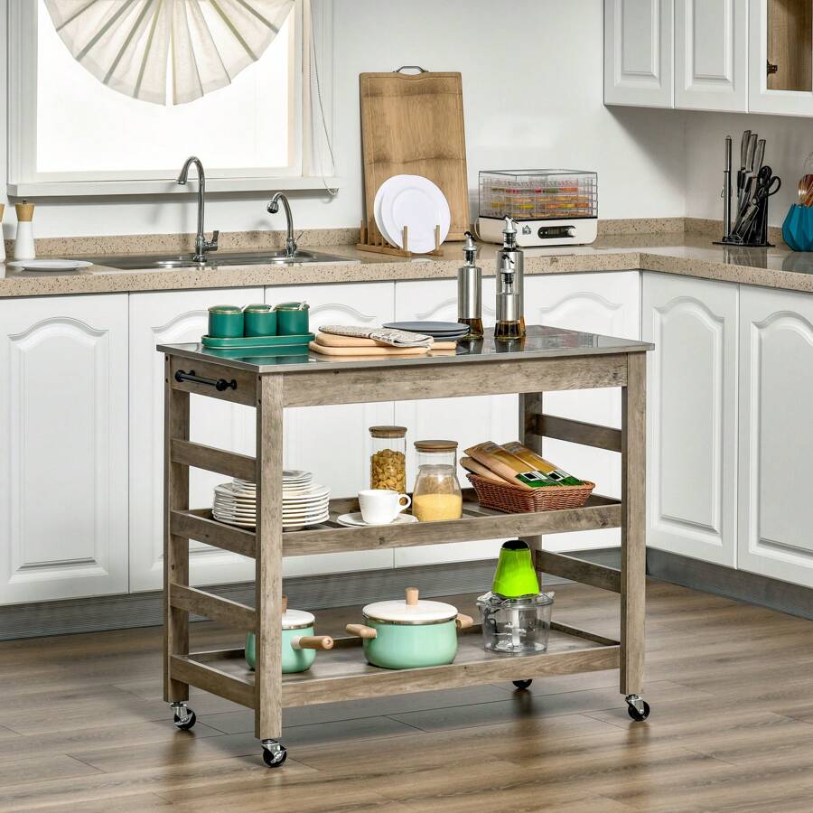 HOMCOM Rolling Kitchen Cart With Stainless Steel Countertop, 1 Bottom Shelf, 1 Slotted Middle Shelf And 4 Castor Wheels, Grey - 灰色 - 查看 1