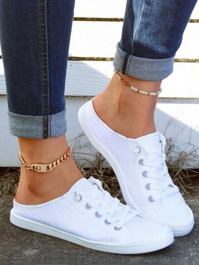 2024 Spring And Summer Women's Classic White Flat Slippers In Fashionable And Casual Style, Comfortable With Round Toe, Lace-Up, Slip-On, Canvas Shoes, Skate Shoes Suitable For Four Seasons