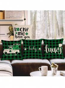 4入組聖派翠克節幸運三葉草綠色方格紋裝飾靠墊套,不包含靠墊芯,適用於家居沙發裝飾 - 紅色 - 查看 4