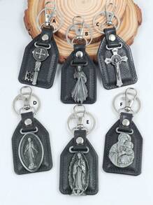 1 Peça Pingente De Carro Com Cruz De Nossa Senhora De Metal Vintage Personalizado & Pu Material Com Anel De Gancho Para Chaves