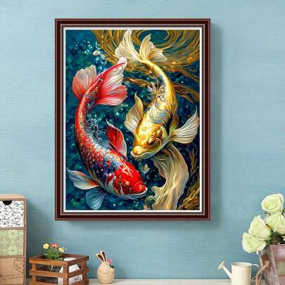 1入組魚設計鑽石畫套裝,5d鑽石刺繡十字綉裝飾禮物,適合成人初學者,圓形全鑽鑽石藝術diy,非常適合家居裝飾和房間壁飾,30x40cm