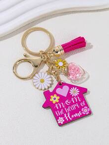 Móc khóa tua rua hình bông hoa màu hồng dễ thương hình ngôi nhà trái tim với chất liệu hợp kim, món quà tuyệt vời cho ngày của mẹ - Màu Hồng Tươi - Xem 4