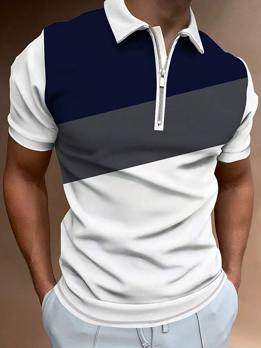 男士西裝外套時尚三色配襯立領上拉鍊印花馬球衫,男士運動馬球polo恤 - 藍白色 - 查看 1