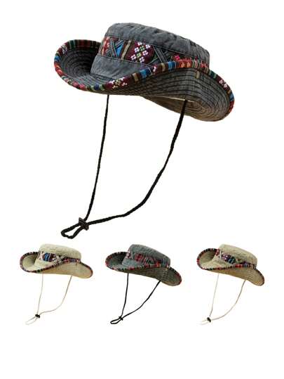 ROMWE Fairycore 1 件女士彩色刺绣水洗防风大檐休闲波西米亚风渔夫帽，适合户外、徒步旅行、旅行