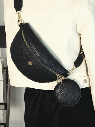 Fashion Women's Shoulder Bag Cross-Body Bag Litchi Grain Small Bag Chest Bag With Floral Decor & Wide Strap, Come With Coin Purse