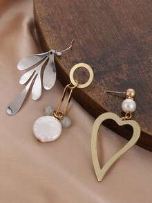 1pc Vintage Punk Style Baroque Pearl Pendant Long Drop Earring With Metal Chains, Perfect Daily Wear And Birthday Gift For Women - Gold - View 1