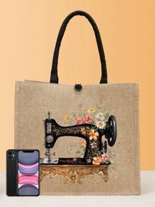 1入組縫紉機熱轉印圖案大容量時尚簡約購物袋手提包,適合女性購物、超市、禮物等。 - 卡其色 - 查看 3