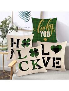 4 cái/bộ Ngày St. Patrick Cỏ ba lá Tim & Nhà  Mô hình Gối trang trí Loại vỏ ( Cái gối Không bao gồm ) , Hoàn hảo Đối với Gia đình Sofa Đồ trang trí - Hồng - Xem 5
