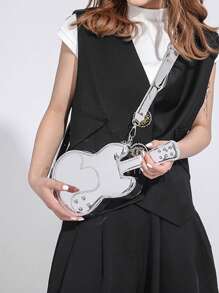 新款牛仔效果吉他形单肩包、斜挎包、手拿包。带有拼布的摇滚复古街头风格 - 銀色 - 查看 3