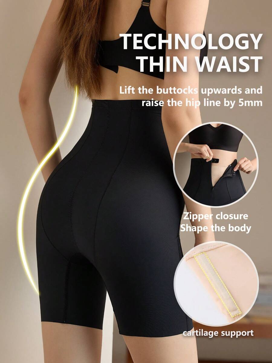 Sports Outdoor 1pc High Waisted Invisible Buckle & Zipper Closure Postpartum Body Shaper, Tummy Control & Butt Lifter - Black - View 1