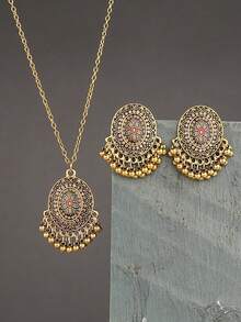 3入組復古合金椭圓形樹脂鑲嵌鈴鐺項鍊和耳環套裝,適合女性日常聚會穿戴 - 復古風 - 查看 14