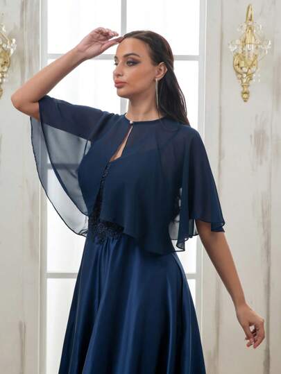 1pc Bridal Wedding Chiffon Shawl Versatile Navy Blue Cape For Women, Fashion Shawl Wrap For Summer, Formal Dresses, Banquets, Beaded Decor Fall Clothes For Women