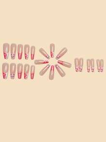 Phong Cách Pháp Màu Hồng Da Báo & Thiết Kế Mặt Cười Ấn Vào Móng Tay, 24 Chiếc Full Cover Móng Tay Giả & 1 Băng Keo 2 Mặt & 1 Dũa Móng Tay - Nhiều màu - Xem 2