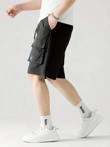 Ragazzo Tween Casual Lettera Patch Fashion Pantaloncini Da Lavoro Con Coulisse Per L'estate - nero - Visualizzare 3