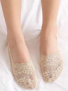 5 Pairs Of Lace Boat Socks For Women's Invisible Socks Silicone Anti Slip Low Vamp Thin Style Fashionable Lace Versatile - Beige - View 3