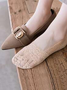 5 Pairs Of Lace Boat Socks For Women's Invisible Socks Silicone Anti Slip Low Vamp Thin Style Fashionable Lace Versatile - Beige - View 6