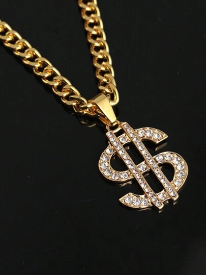 1pc Luxury & Fashionable & Hip-Hop & Unique & Creative Design Metal And Diamond Decor Dollar Sign Pendant Long Necklace/Sweater Chain/Hoodie Chain, Unisex For Couples