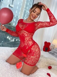 Bodystocking erótico y sexy para tallas grandes con detalles ahuecados - Rojo - Ver 4