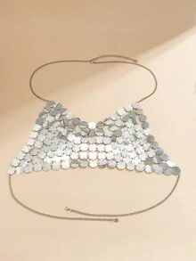 1個迷人的比基尼胸鏈,金屬亮片頸帶背心夏季露背空心海灘節日背心,女性海灘度假身體珠寶,夜店派對配飾 - 黑色 - 查看 7