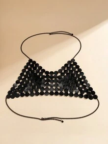 1個迷人的比基尼胸鏈,金屬亮片頸帶背心夏季露背空心海灘節日背心,女性海灘度假身體珠寶,夜店派對配飾 - 黑色 - 查看 8