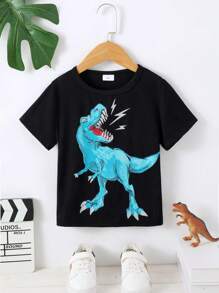 少年時尚恐龍咆哮夜光圓領短袖T恤，春夏 - 黑色 - 查看 2