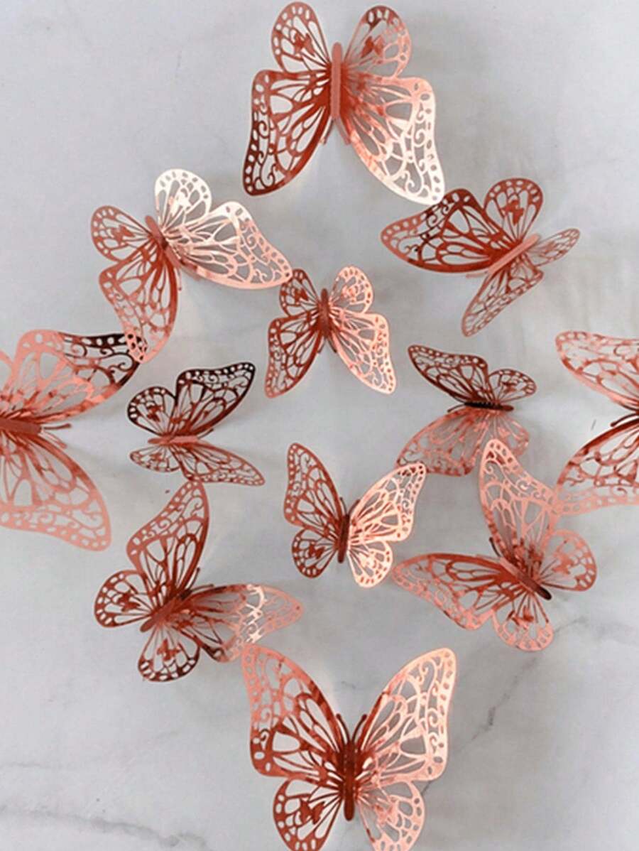 12片/24片镂空蝴蝶墙贴,3D蝴蝶墙贴,适用于婚礼装饰、客厅家居装饰、毕业典礼装饰、宿舍装饰、卧室装饰 - 玫瑰金 - 查看 1