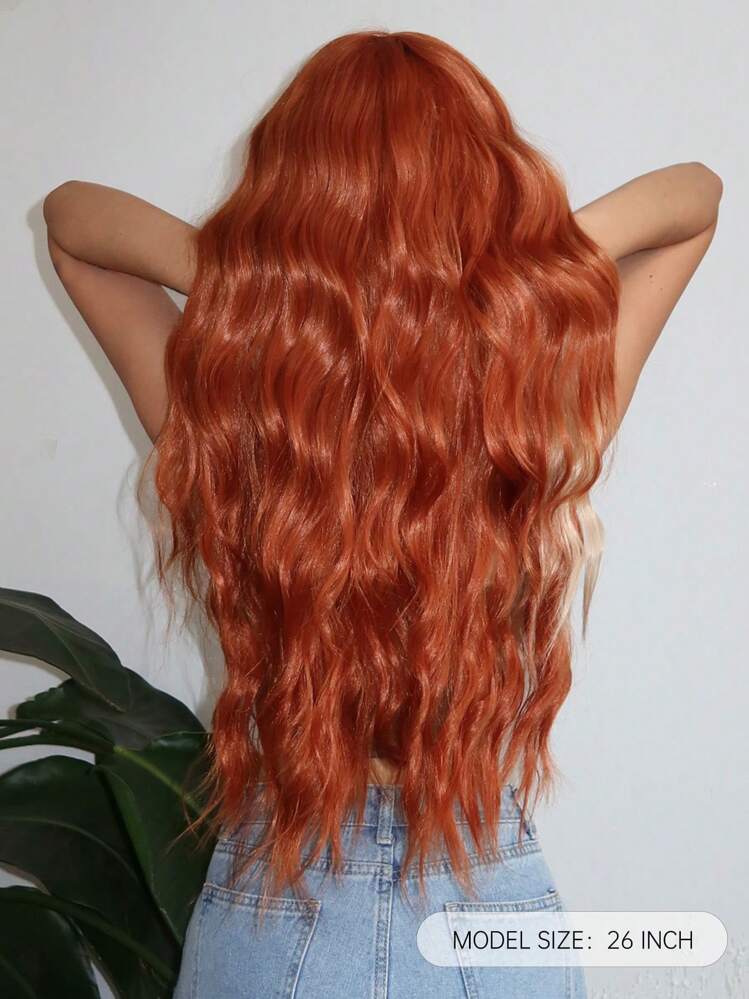 Parrucca arancione lunga 66,04 cm con riflessi biondi, parrucca sintetica ondulata e riccia con frangia per donne, parrucca colorata per cosplay e uso quotidiano o per feste - Multicolore - Visualizzare 4