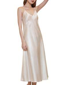 Women Plain Satin Nightgowns Long Sleeveless Night Gowns Silk Chemise Lingerie Slip Night Midi Dress Ladies Sleep Shirt Sleepwear For Bridal Party - 香檳色 - 查看 5