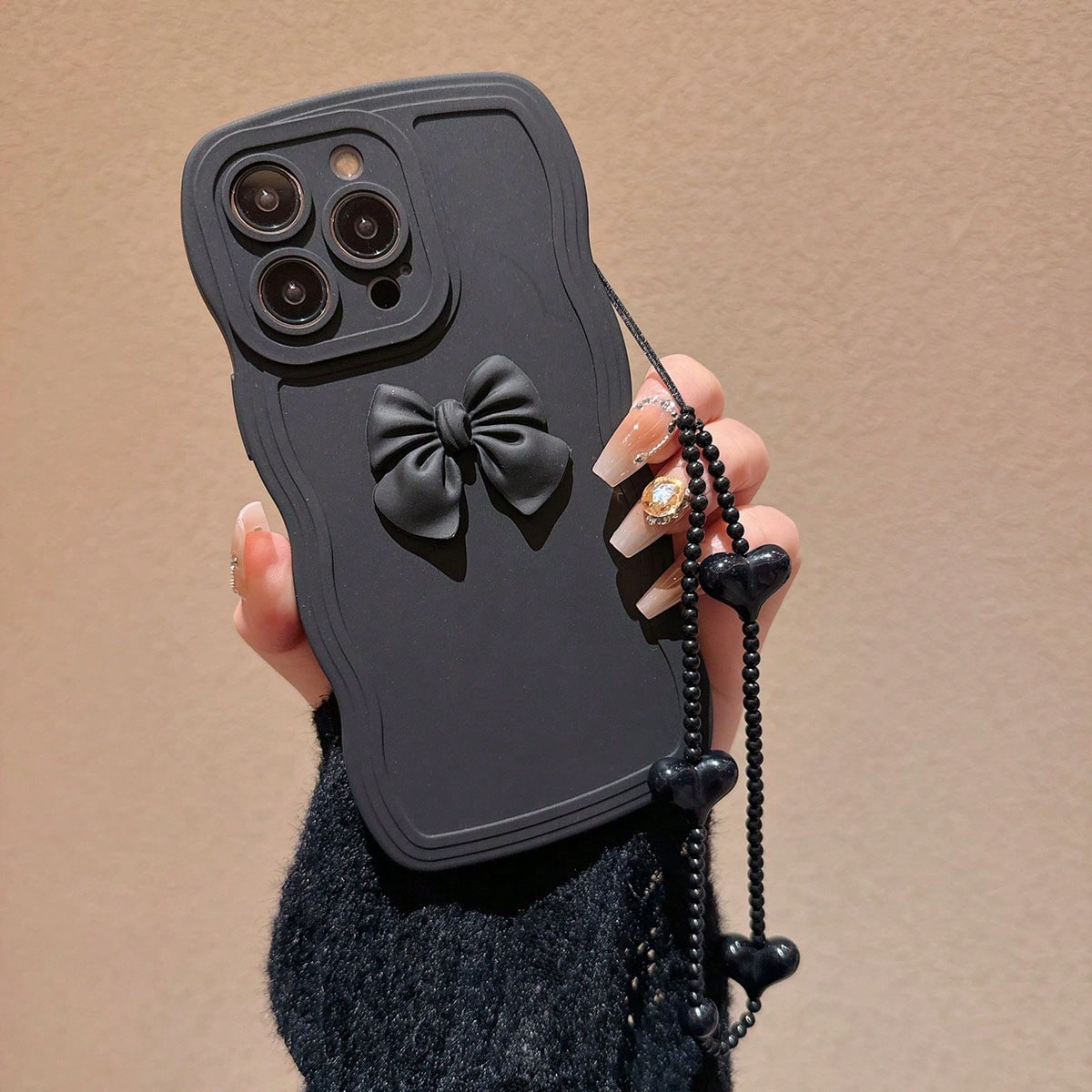 Black Bow 3D Decoration Fashion Apple Wave Design Phone Case Compatible With IPhone 14 Pro Max/13/14, Compatible With 15 Pro Max/15 Plus/15 Pro/15/12/11/Xr Waterproof Shockproof Anti-Fall Scratch Resistant Spring Gift Party