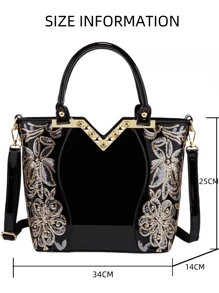 Fashionable Luxury Flower Embroidery Solid Color Zippered Patent Leather Ladies' Handbag, Large Capacity Business Style Female PU Leather Tote Hand Bag For Women, Suitable For Girls, Women, College Students, Office Workers, And White Collars, Ideal For Party Work, Business, Commuting, And School - Black - View 12