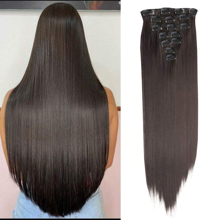 Invisible Heat Resistant Synthetic Hair Extensions - 16 Clips Straight Hairpieces For Women - Black Brown - View 1