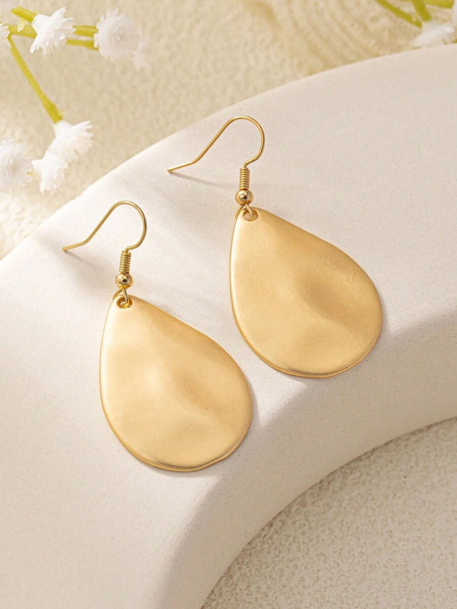 1pair Simple & Elegant Matte Gold Tone Teardrop Shaped Dangle Earrings - Yellow Gold - View 1