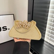 New Arrival Gold Sequin Hand Carry Box Shaped Evening Bag With Flower Design Hard Shell And Metallic Chain Strap For Women - Gold - View 4