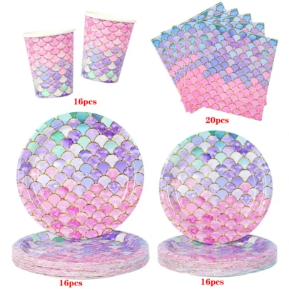64pcs, Mermaid Birthday Party Supplies, Mermaid Tableware Set For Girl Birthday Party Decorations, Mermaid Fish Scales Paper Plates, Cups, Napkins, Under The Sea Party Supplies For Party, Picnic, Daily Use, For Christmas Party,