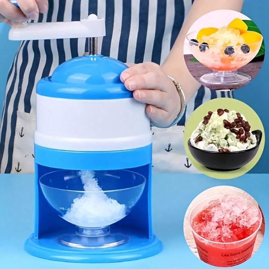 1pc Shaved Ice Maker Machine, Slushie Machine, Snow Cone Machine, Shaved Ice Machine, Manual Fruit Smoothie Machine Mini Household Ice Shaver Small Ice Crusher - Blue and White - View 1