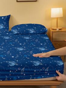 1 peça de lençol ajustável escovado com estampa de viagem espacial impressa, capa de cama para quarto, roupa de cama