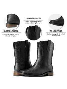 Cowboy Boots For Men - Mens Square Toe Western Boot With Flag, Faux Leather Booties, Botas Para Hombre Vaqueras Suitable For Concert, Daily, Wedding - Black - View 3