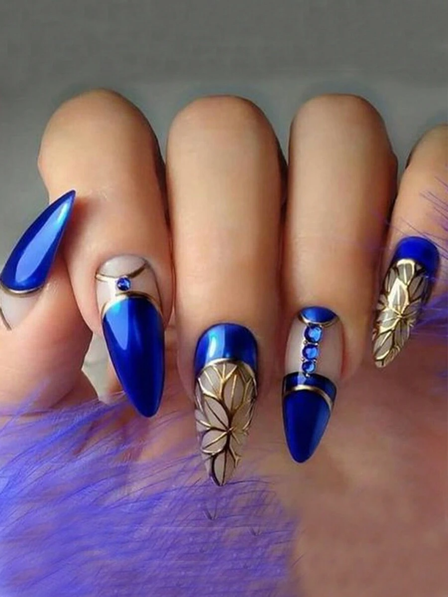 Conjunto de arte de uñas con estarcidos de esmalte de uñas de silicona de 24 piezas + 1 empujador de cutícula + 1, patrón de papel dorado europeo nebuloso con pedrería azul juego de arte de uñas de suministros de uñas de presión uñas falsas uña falsa uña acrílica - Multicolor - Ver 1