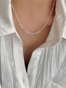 Vintage Gothic & Punk Style Square Paper Clip Design Chunky Chain Clavicle Necklace, Unisex Jewelry Gift, Silver Stainless Steel Fashionable Ins-Style Collarbone Chain For Men & Women