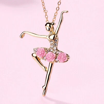 1 Colgante De Aleación De Zinc Con Forma De Bailarina De Ballet Para Niña (tamaño: 5,5 X 3,3 Cm) Con Decoración De Diamantes De Resina Rosa, Collar Bonito, Adecuado Para Uso Diario