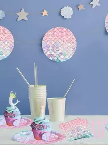 64 piezas, Suministros para fiesta de cumpleaños de Sirenita, Juego de vajilla de Sirenita para fiesta de cumpleaños de niña, Platos, vasos y servilletas con escamas de pez de Sirenita, Suministros para fiesta bajo el mar para fiesta, picnic, uso diario y Navidad - Multicolor - Ver 6