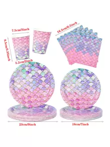 64 piezas, Suministros para fiesta de cumpleaños de Sirenita, Juego de vajilla de Sirenita para fiesta de cumpleaños de niña, Platos, vasos y servilletas con escamas de pez de Sirenita, Suministros para fiesta bajo el mar para fiesta, picnic, uso diario y Navidad - Multicolor - Ver 2
