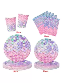 64 piezas, Suministros para fiesta de cumpleaños de Sirenita, Juego de vajilla de Sirenita para fiesta de cumpleaños de niña, Platos, vasos y servilletas con escamas de pez de Sirenita, Suministros para fiesta bajo el mar para fiesta, picnic, uso diario y Navidad - Multicolor - Ver 3