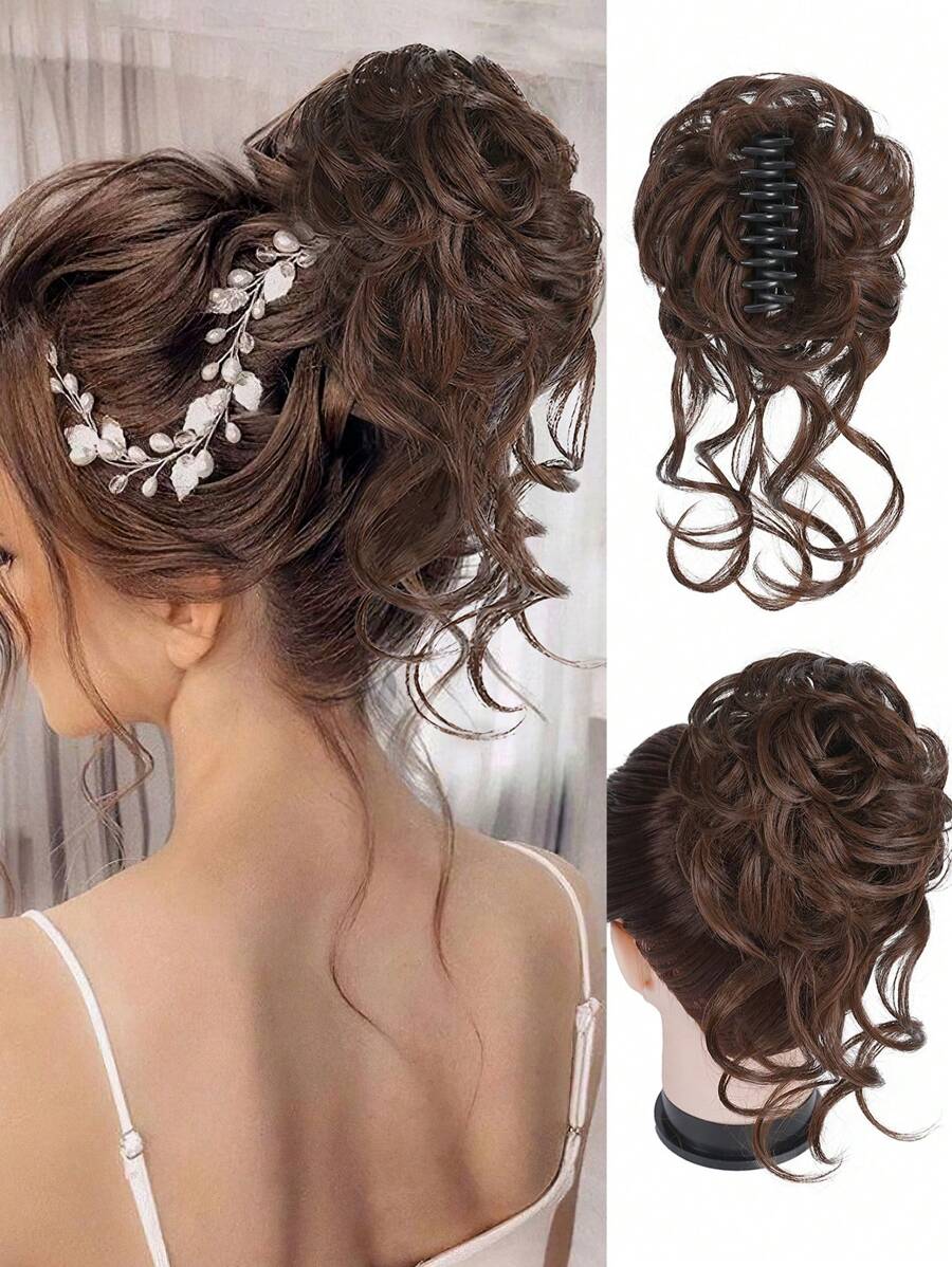 Messy Bun Hair Clip, Women's Messy Wavy Curly Hair Bun Hairpiece, Short Fluffy Updo Synthetic Hair Bun Ponytail Extension (Medium Chestnut Brown)