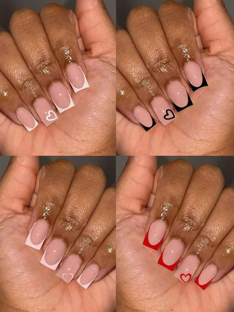 96PCS/4 Set Pink White Black Red Long Square French Fake Nails With Love Design, Nails Tool & 4pcs Nail File & 4Nail Glue Sticker Kit Nails For Girl Mother Women Gift And Nails Supplies &Wholesale ,Party, Date And Daily Wear Press On Nails