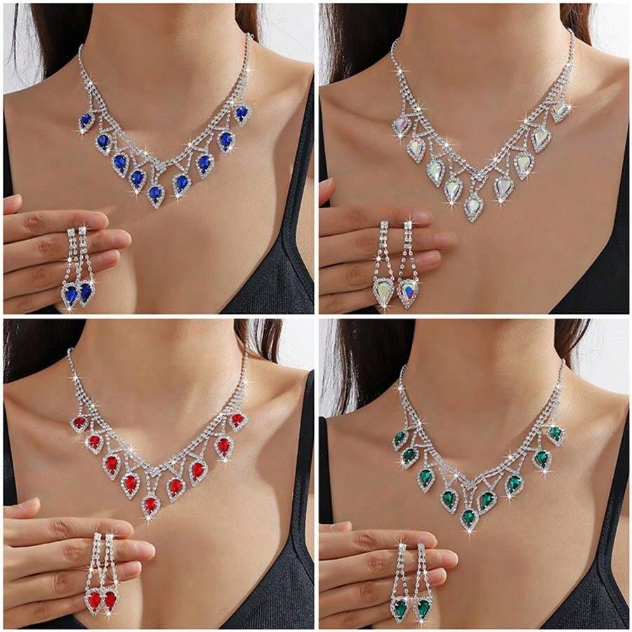 Bộ trang sức Đối với phụ nữ , Sang trọng Lễ cưới & Buổi tiệc Phụ kiện , Rhinestone đầy đủ Đầy màu sắc Dây chuyền Và Hoa tai , 2 Miếng - màu xanh lá - Xem 1